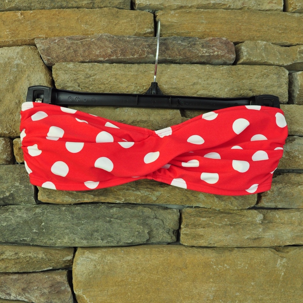 bathing suit top, swimwear, polka dots, red