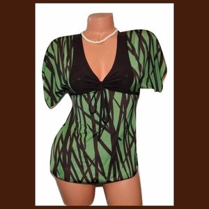 Womens Wet Seal Short Sleeve Green & Brown Blouse