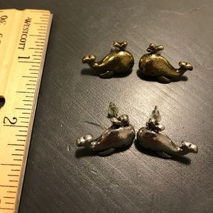 Set of 2 gold silver whale Stud earrings