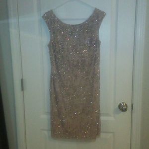 Adriana Papell Nude Rose Gold Sequin Pearl Dress