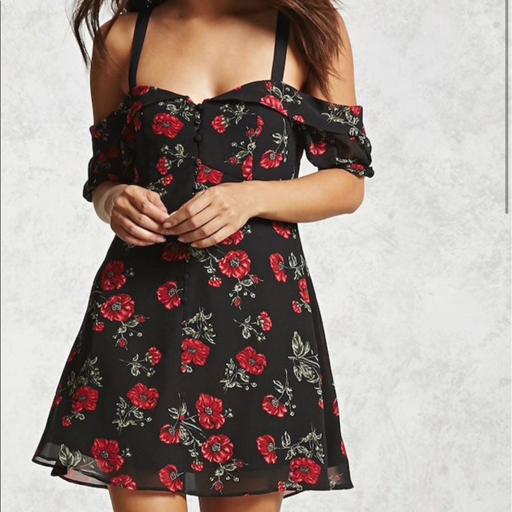 Open-Shoulder Poppy Print Dress