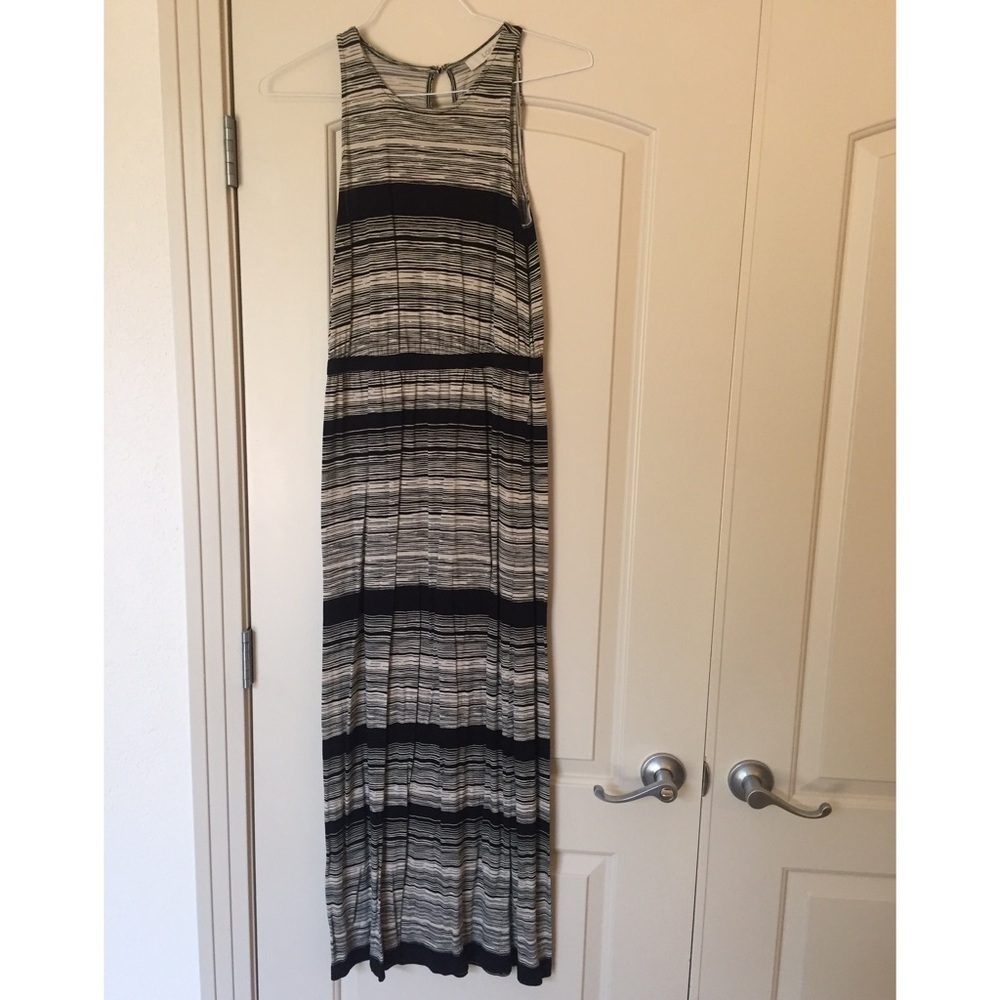 LOFT maxi dress black and white striped belted