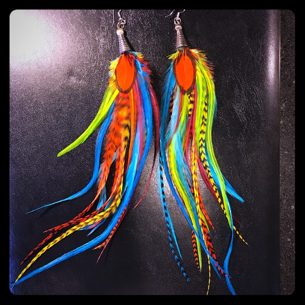 Handcrafted Feather Earrings Bright Hot Beautiful