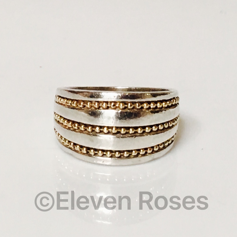 Sterling Silver & 18k Gold Bead Cigar Band Ring - Picture 8 of 8
