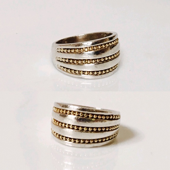 Sterling Silver & 18k Gold Bead Cigar Band Ring - Picture 2 of 8