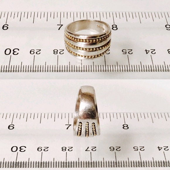 Sterling Silver & 18k Gold Bead Cigar Band Ring - Picture 6 of 8