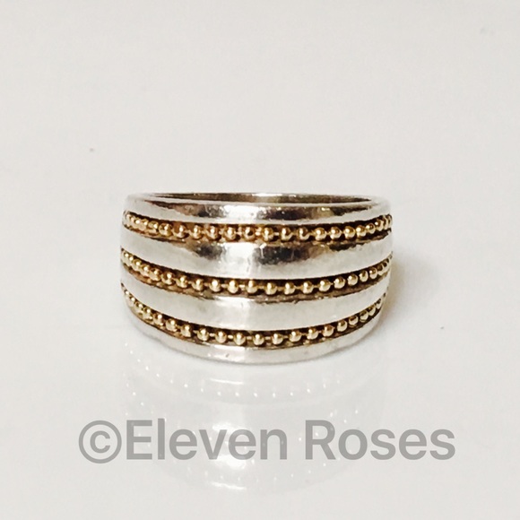Sterling Silver & 18k Gold Bead Cigar Band Ring - Picture 7 of 8