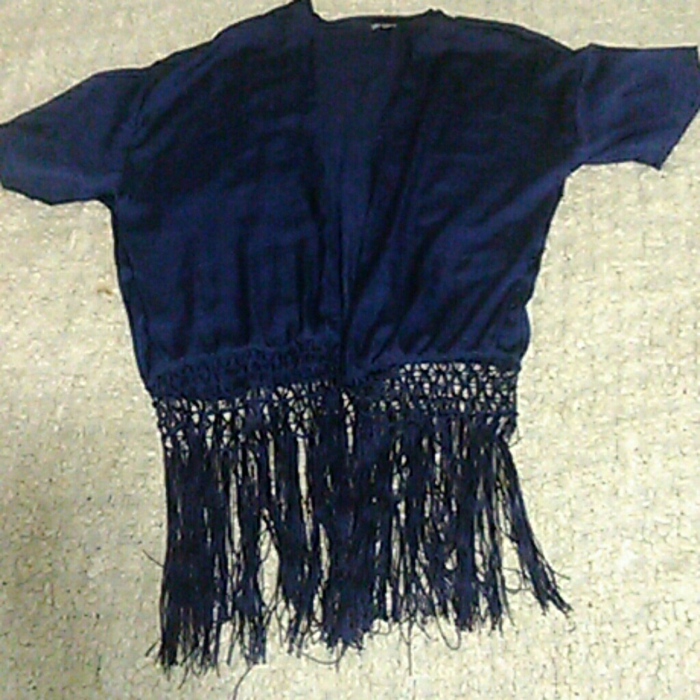 Navy light cover up with fringe bottom.