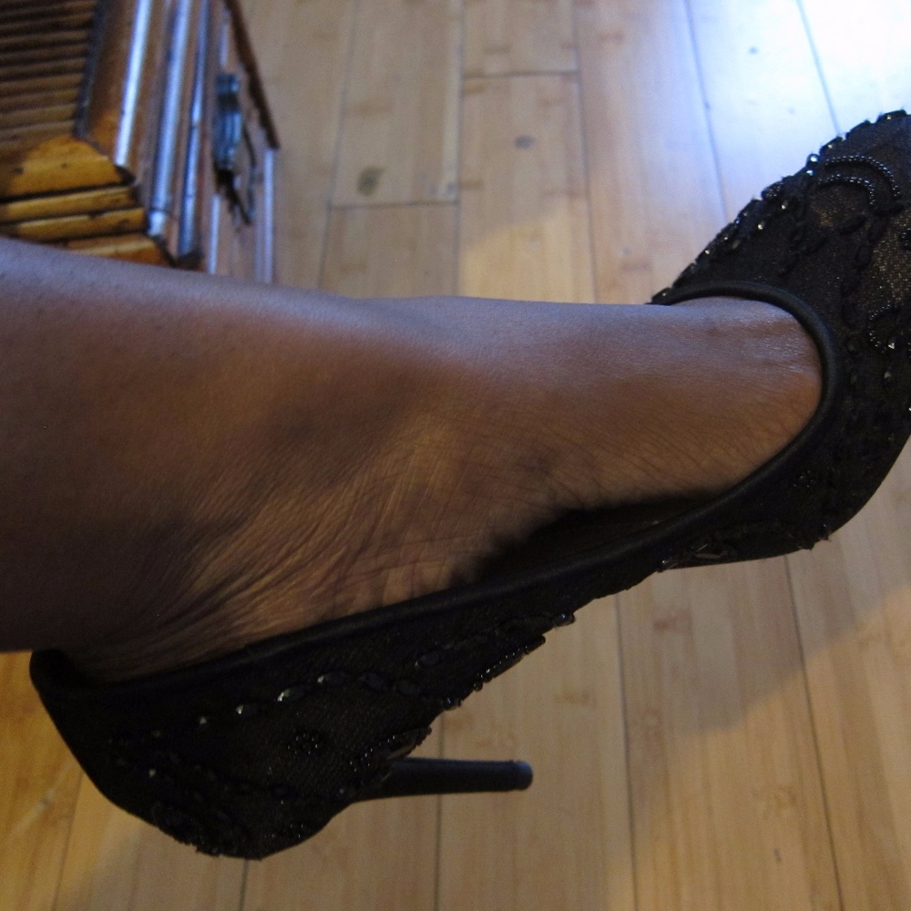 BCBG black beaded pumps