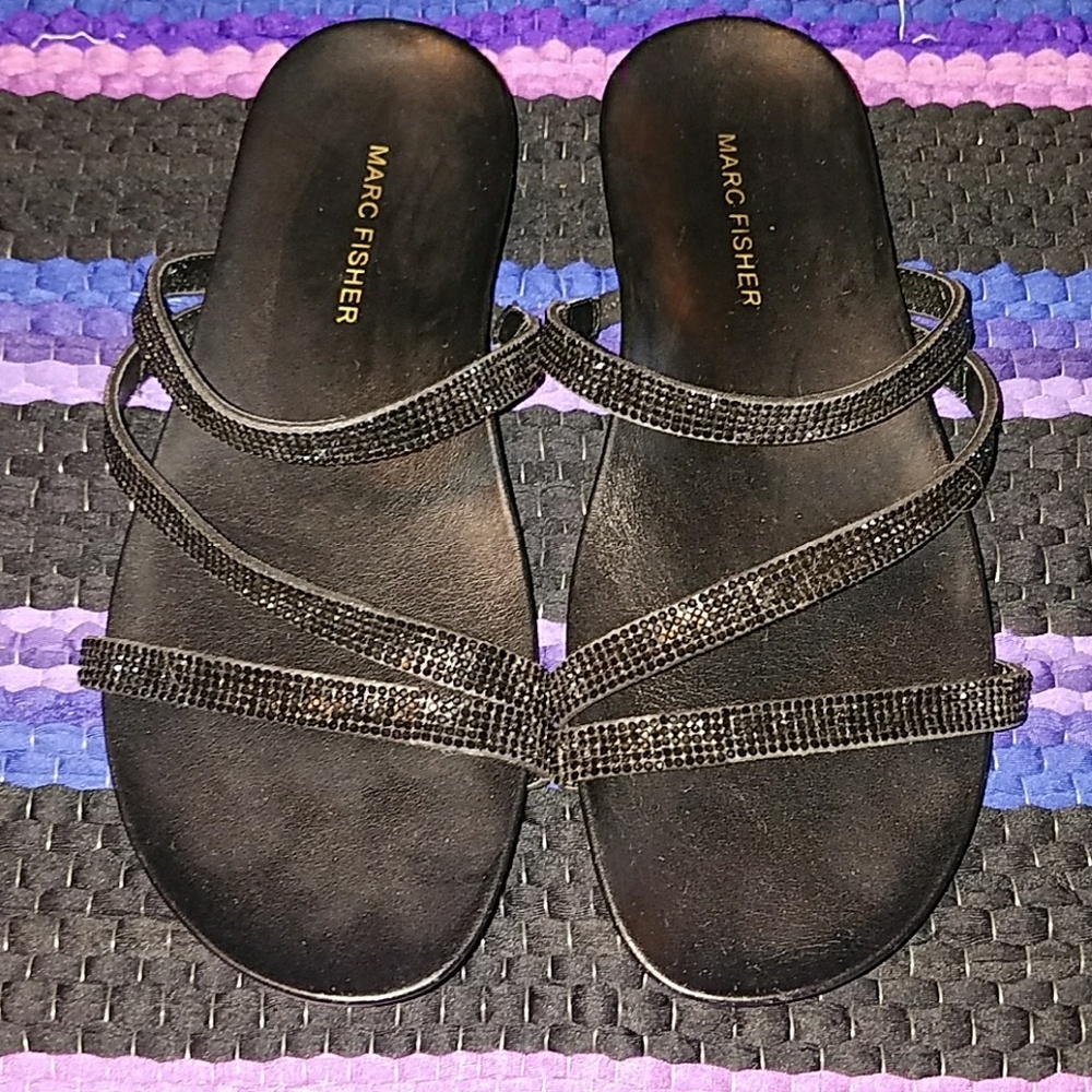 Marc Fisher Embellished Black Rhinestone Dressy Strappy Flat Slide Sandals 6.5M