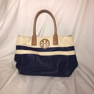 Tory Burch small navy and tan canvas bag