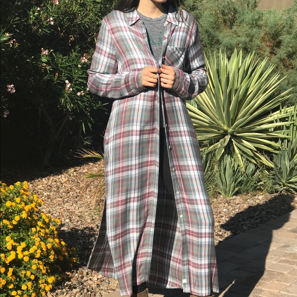Long plaid button down duster