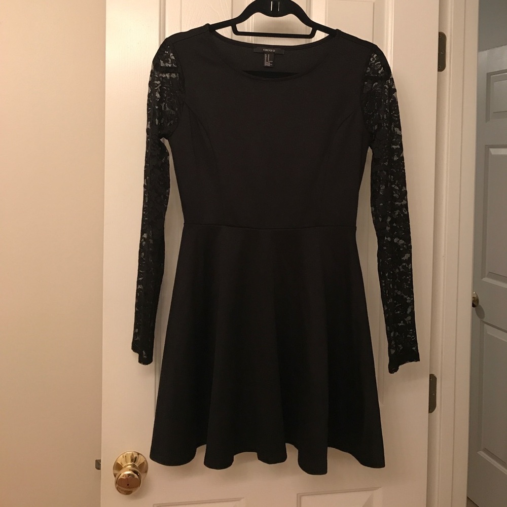 Long lace sleeve black dress