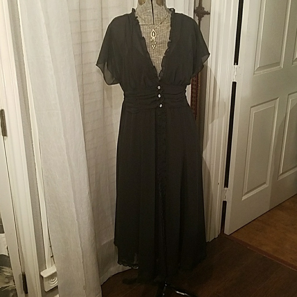1940s retro black swing dress, rhinestone buttons