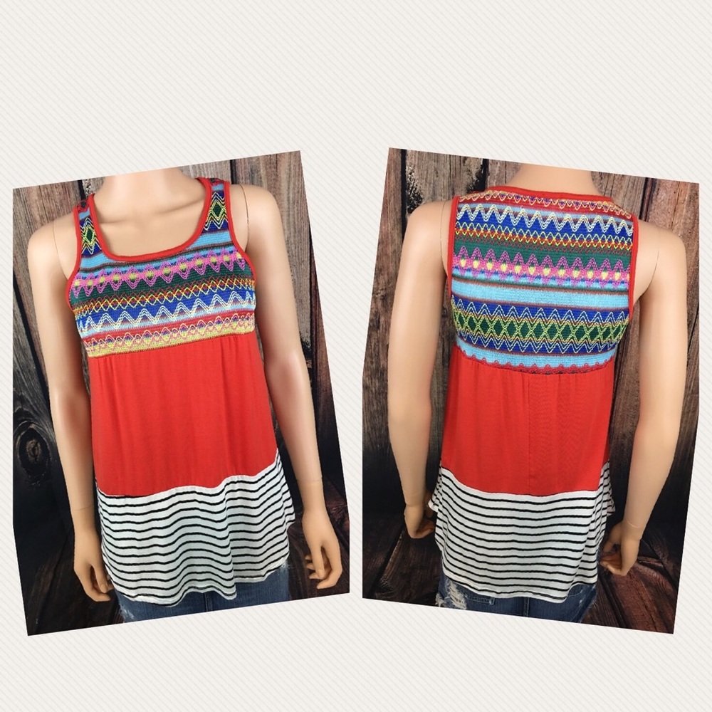 Embroidered Sleeveless Striped Top