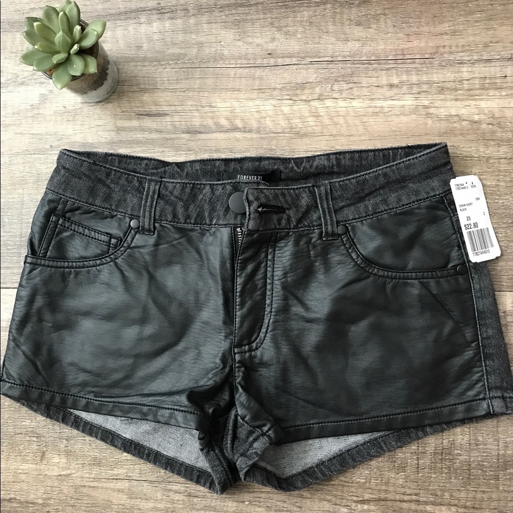 Leather front denim shorts