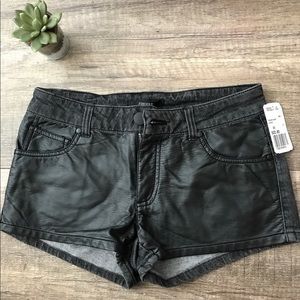 Leather front denim shorts