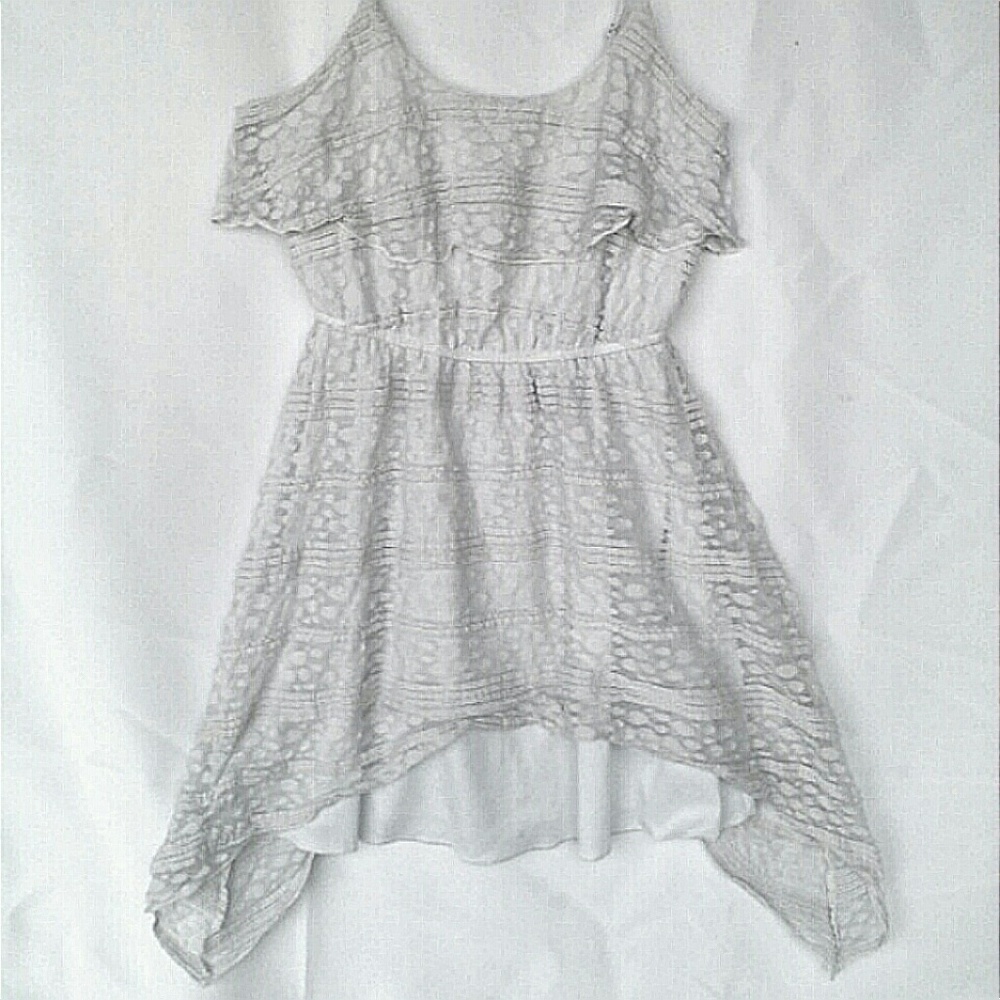 ~Asymmetrical Hi-Lo Sleeveless Crocheted Lace Sundress Trixxi White Polkadot M - Picture 2 of 7