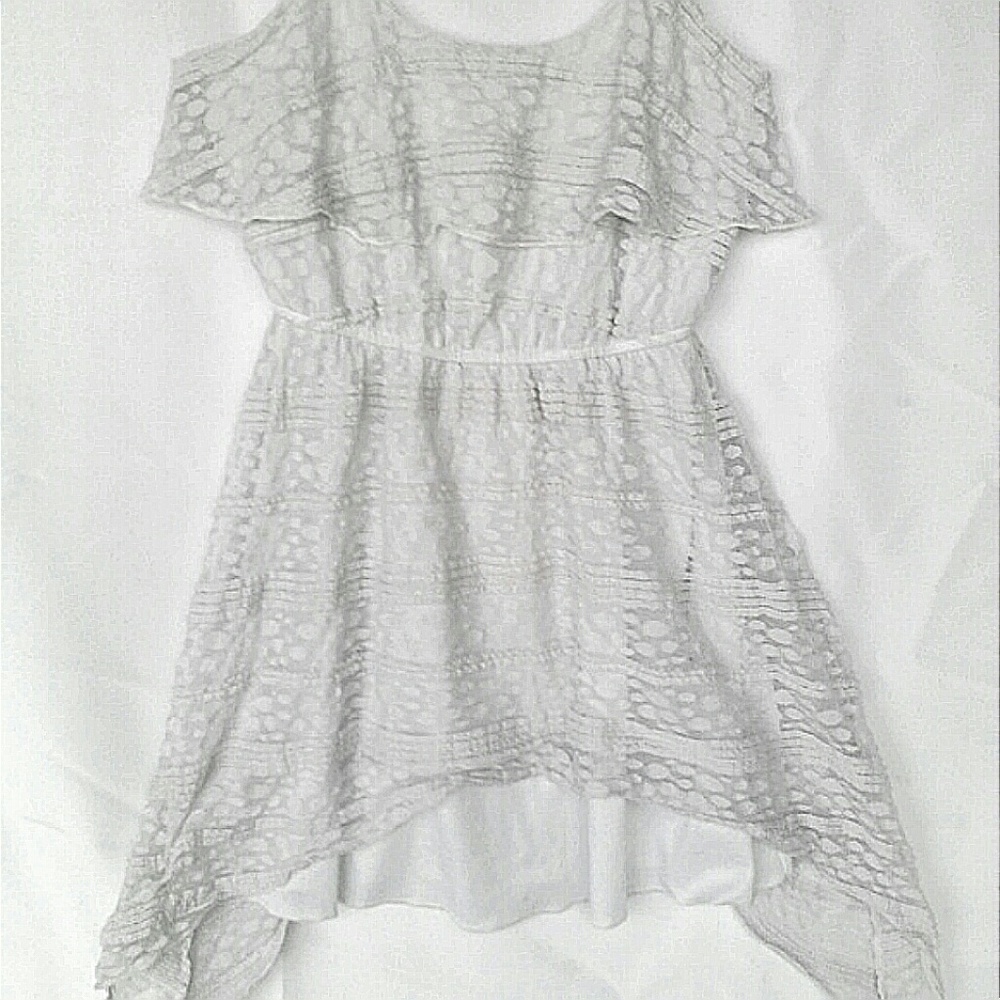 ~Asymmetrical Hi-Lo Sleeveless Crocheted Lace Sundress Trixxi White Polkadot M - Picture 3 of 7