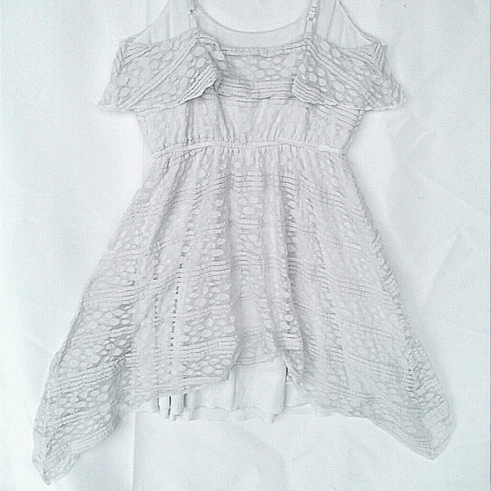 ~Asymmetrical Hi-Lo Sleeveless Crocheted Lace Sundress Trixxi White Polkadot M - Picture 5 of 7
