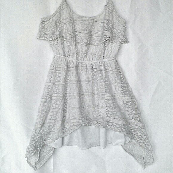 ~Asymmetrical Hi-Lo Sleeveless Crocheted Lace Sundress Trixxi White Polkadot M - Picture 2 of 7