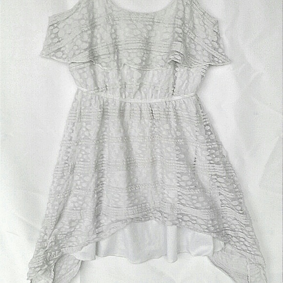 ~Asymmetrical Hi-Lo Sleeveless Crocheted Lace Sundress Trixxi White Polkadot M - Picture 3 of 7