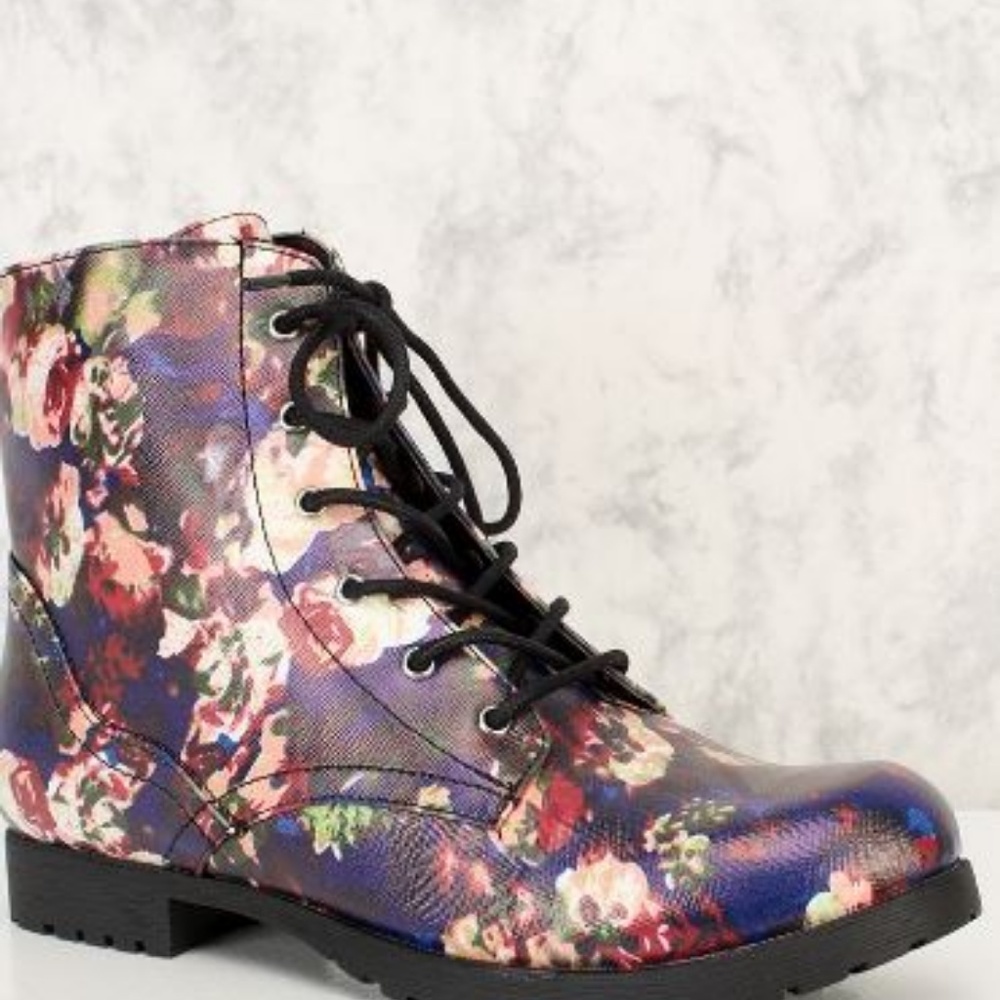 Floral Print Round Toe Front Lace Up Combat Boots