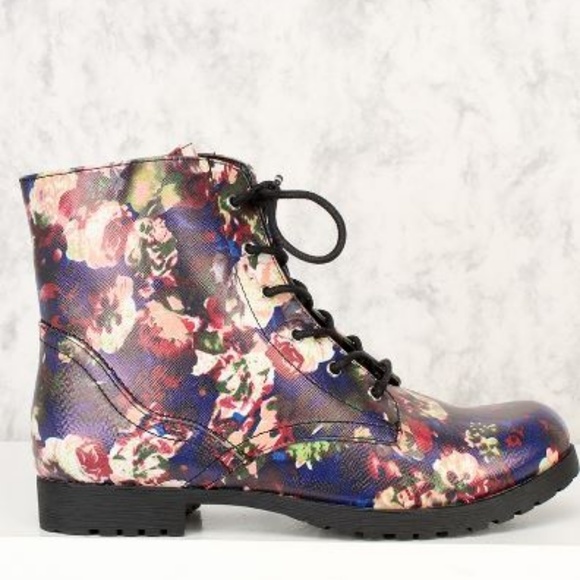 Floral Print Round Toe Front Lace Up Combat Boots - Picture 2 of 2
