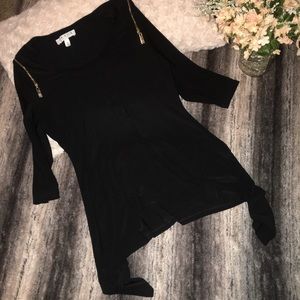 NWOT! Black silky blouse with gold zipper shoulder