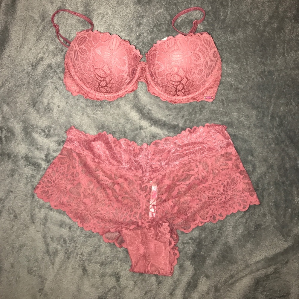 PINK Lace Date Bra and Lace Boyshorts