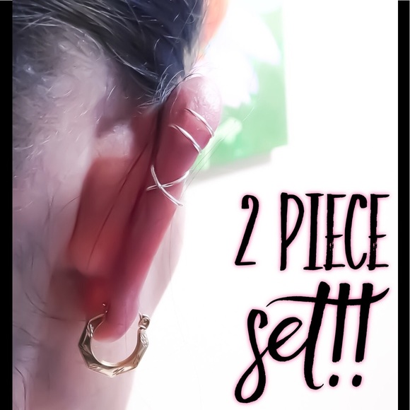 Set of 2 Ear Cuffs Criss Cross & Double Fake Cartilage Earrings for Upper Ear - Picture 4 of 9