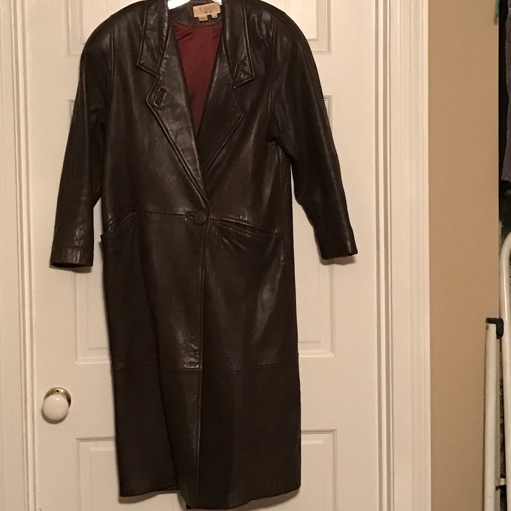 Full length chocolate brown leather coat