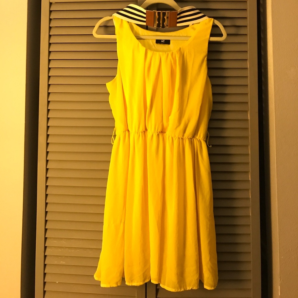Yellow Dress with blue and white stripped belt