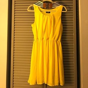 Yellow Dress with blue and white stripped belt