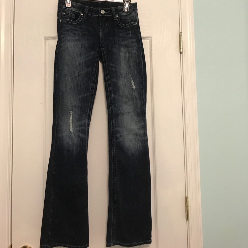 Dark blue low rise, stretch, bootcut jeans