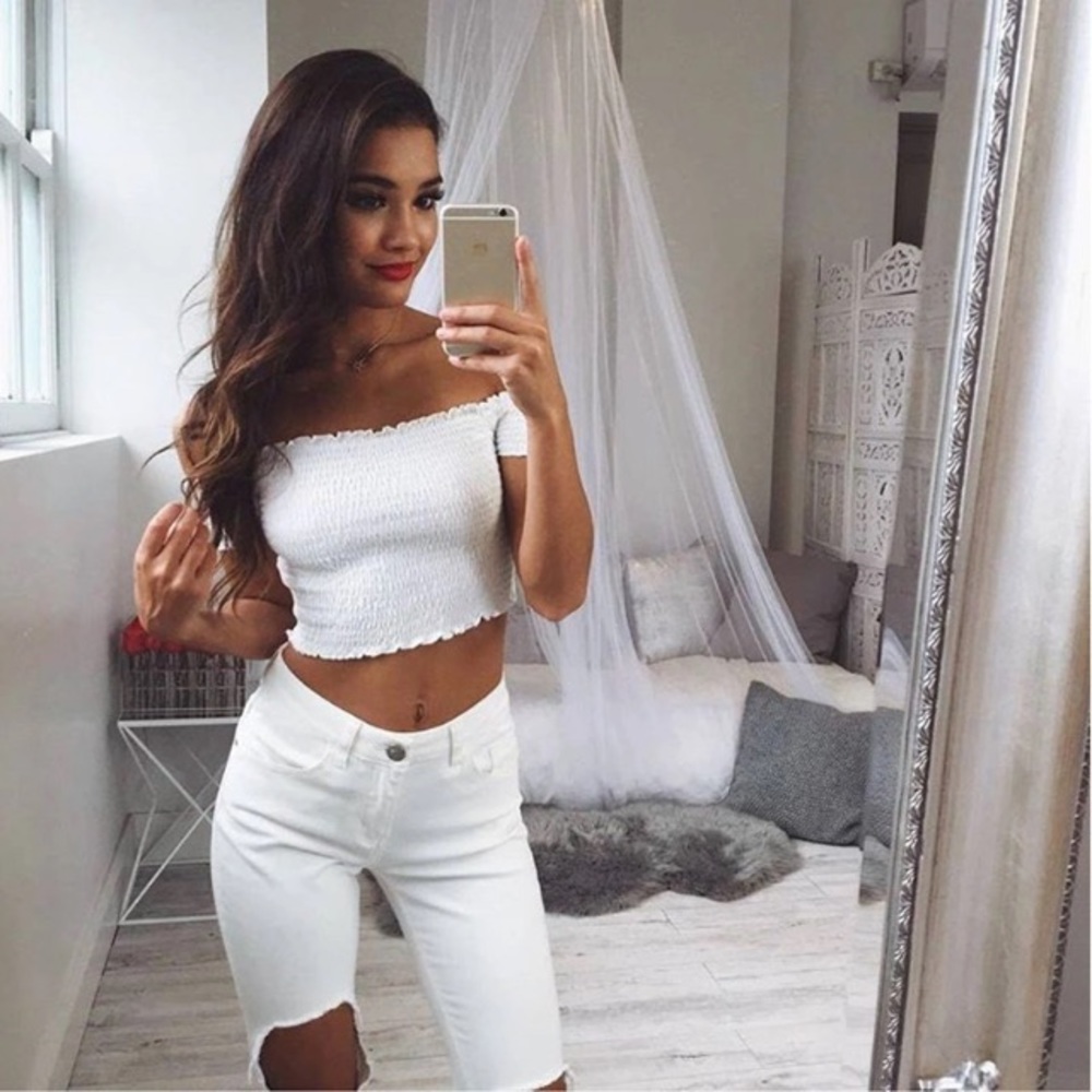 White Lettuce Cut Cropped Ruffle Top