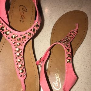 Coral sandals with gold stones