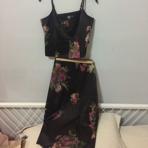 Deep brown shirt and skirt set with flower pattern