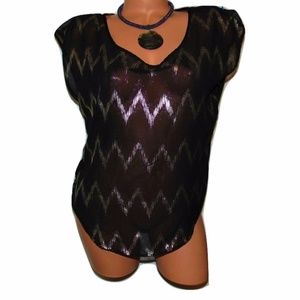Womens Black Gold Striped Short Sleeve Sheer Top