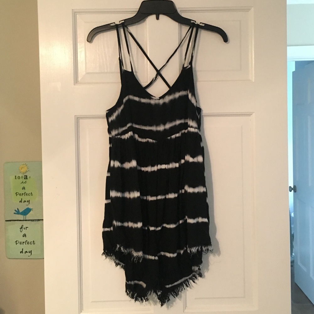 Black and white tie dye fringe romper size small