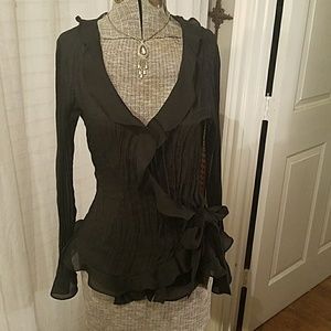 Sheer black lacey wrap blouse.