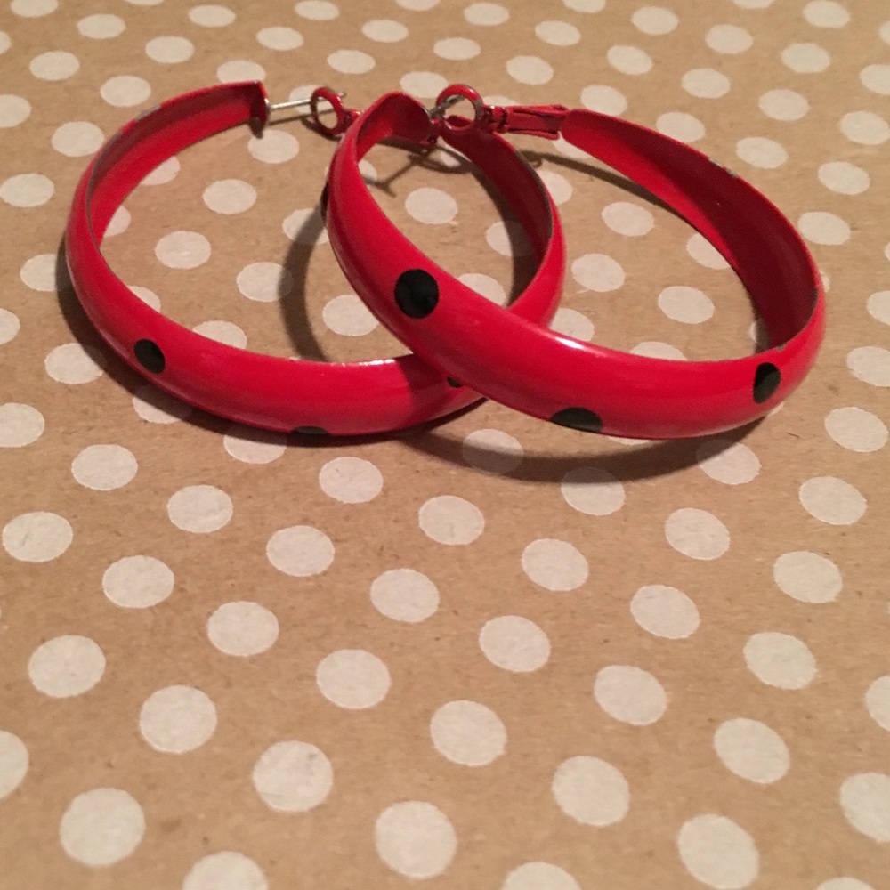 Red with black polka dot hoop earrings