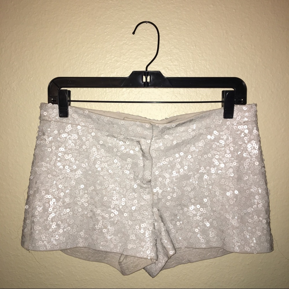 Express sequin shorts in khaki.