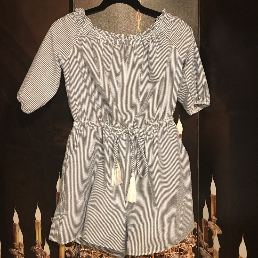 Off the shoulder blue and white stripe romper