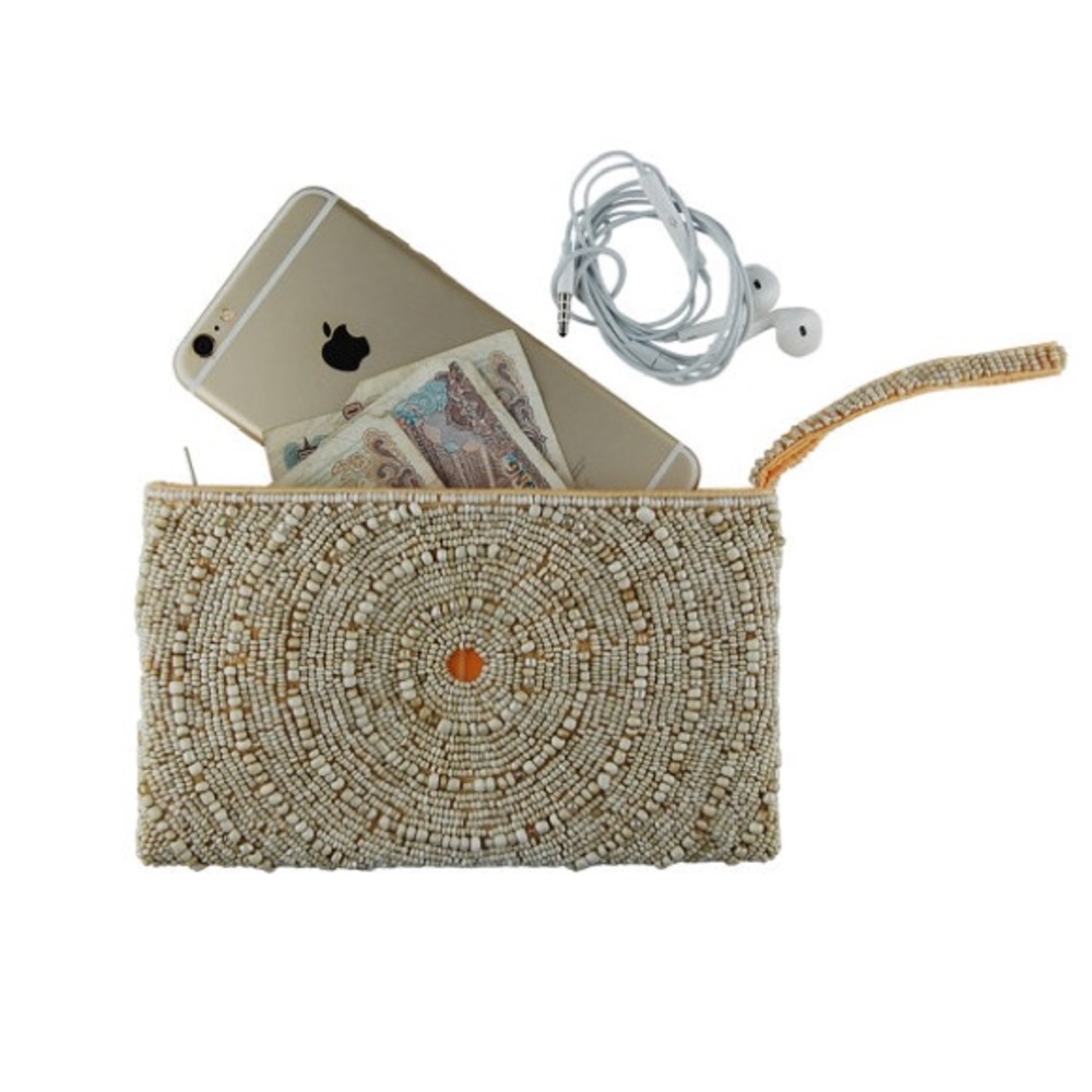 Handbeaded wristlet clutch. For wedding, beach