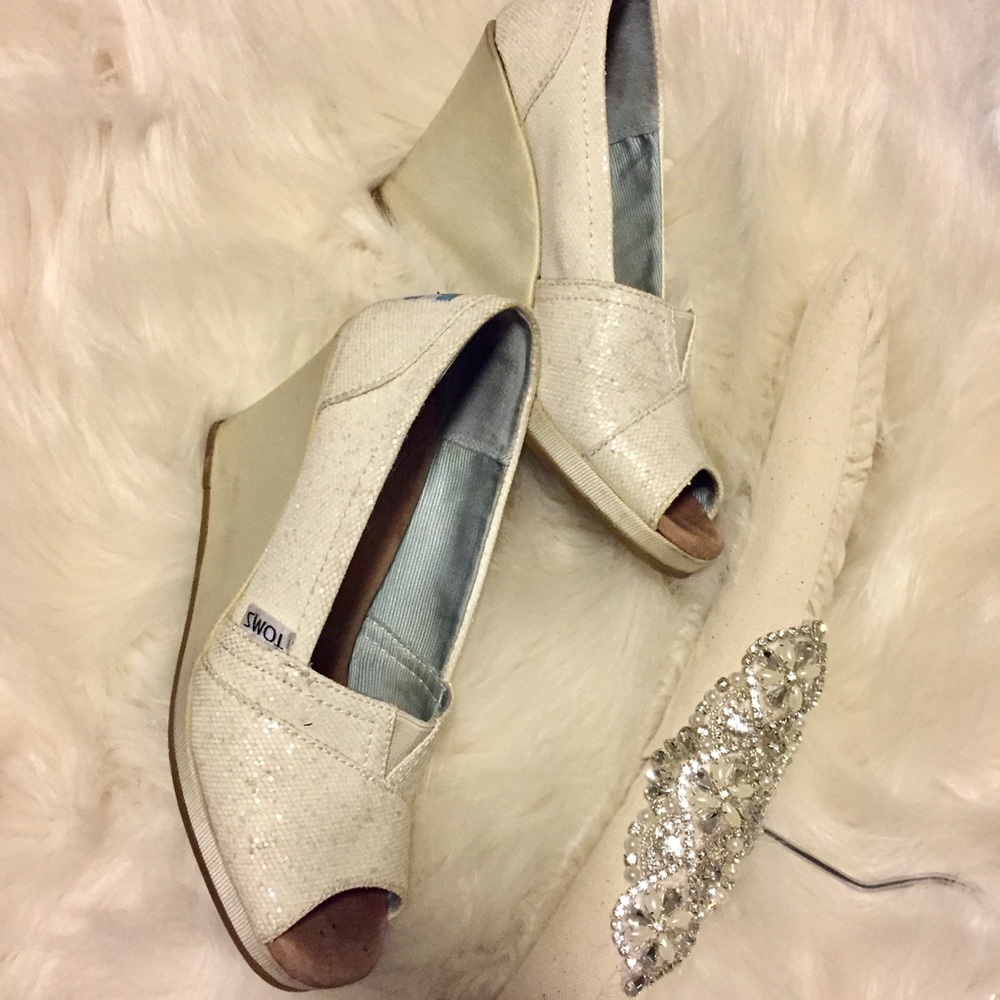 Toms Grosgrain Glitter Wedge Off White
