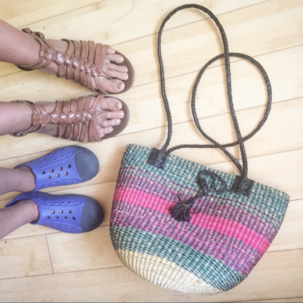 Handwoven multicolored basket bag.