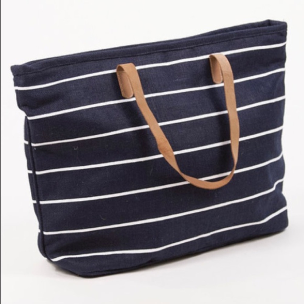 Cotton Pinstripe Tote with Leather Straps