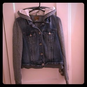 Denim jacket with Gray sweater sleeves