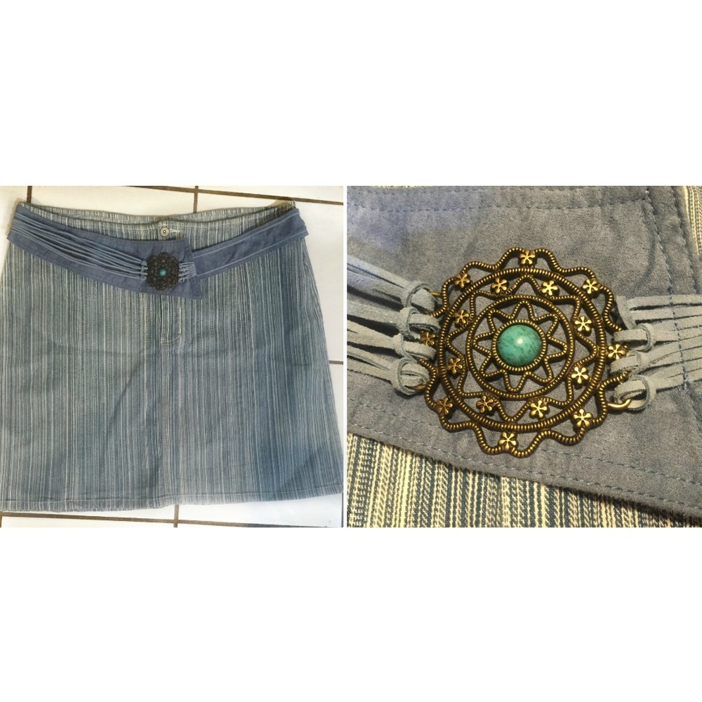 Striped Denim Skirt Amazing Belt w Faux Turquoise